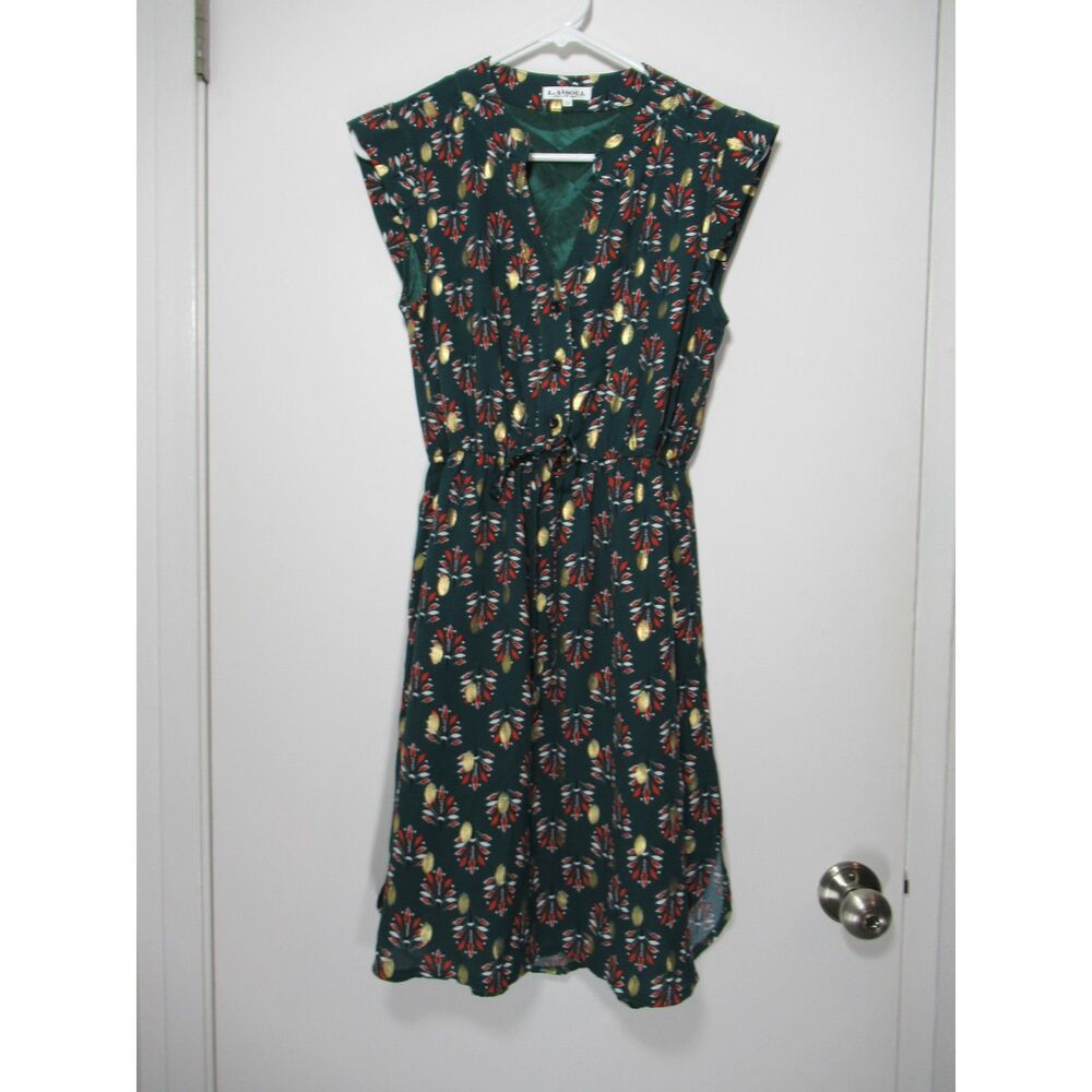 LA SOUL Green Feather Print w/Gold Accent Button Down Shirt Dress Size Small